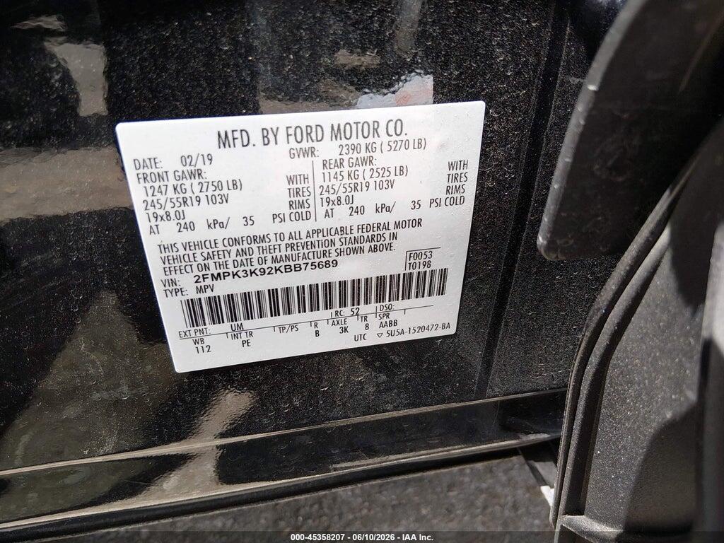 2FMPK3K92KBB75689 2019 FORD EDGE photo no. 9