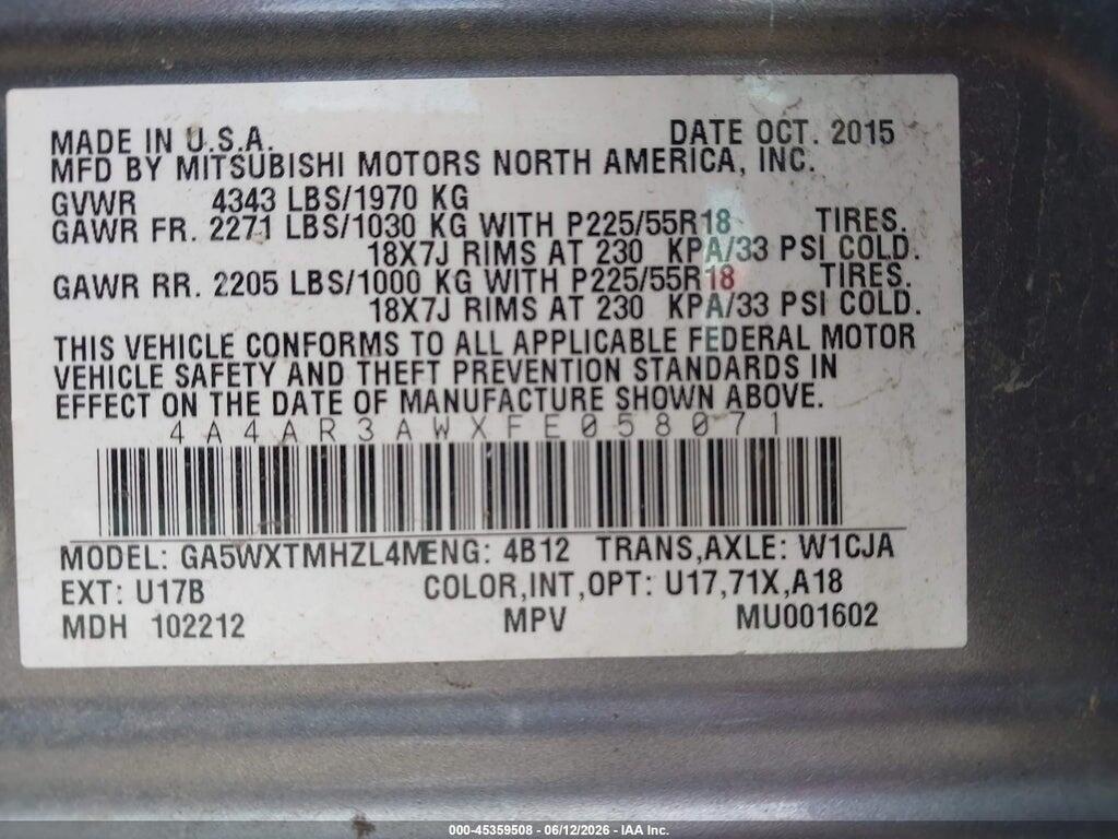 4A4AR3AWXFE058071 2015 MITSUBISHI OUTLANDER SPORT photo no. 9