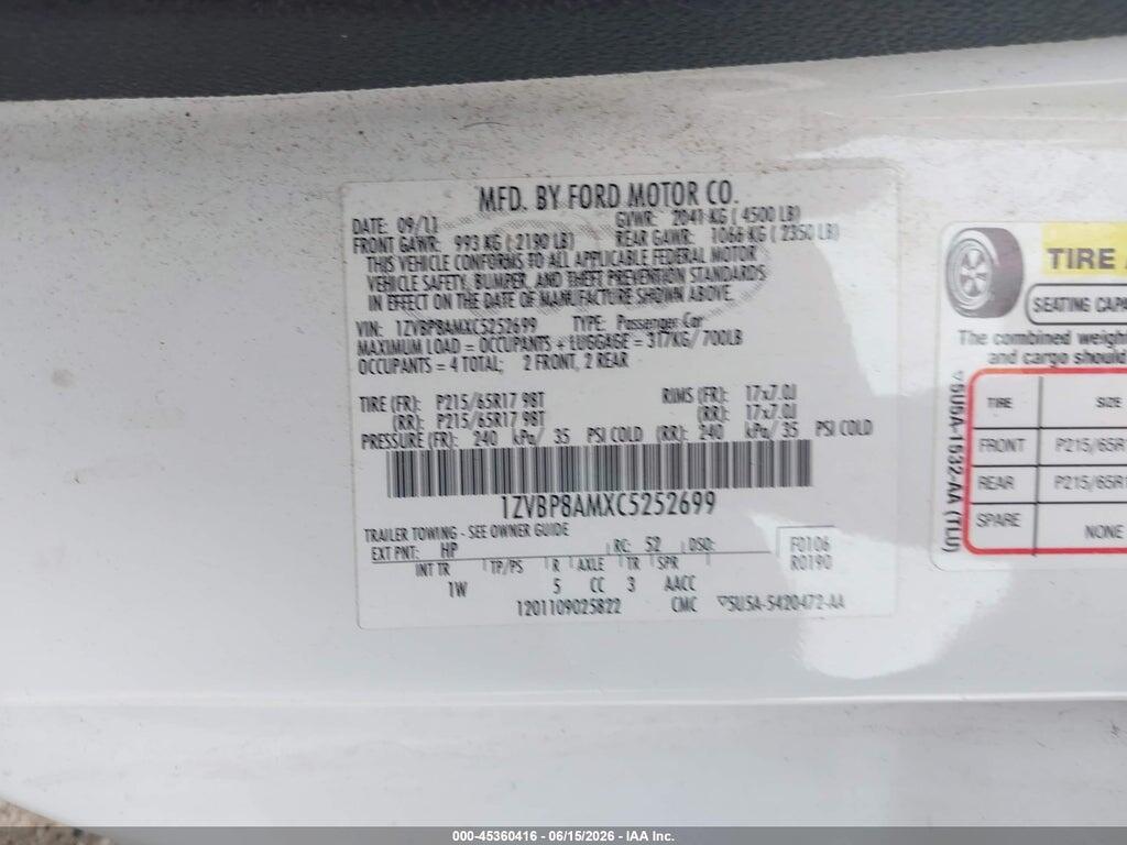 1ZVBP8AMXC5252699 2012 FORD MUSTANG photo no. 9
