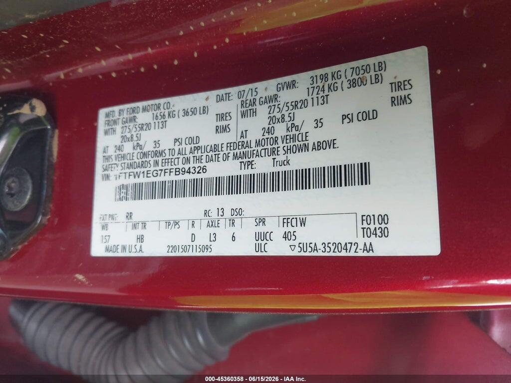 1FTFW1EG7FFB94326 2015 FORD F-150 photo no. 9