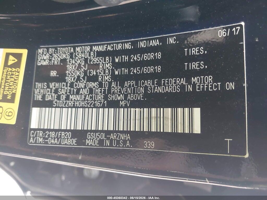 5TDZZRFH0HS221671 2017 TOYOTA HIGHLANDER photo no. 9