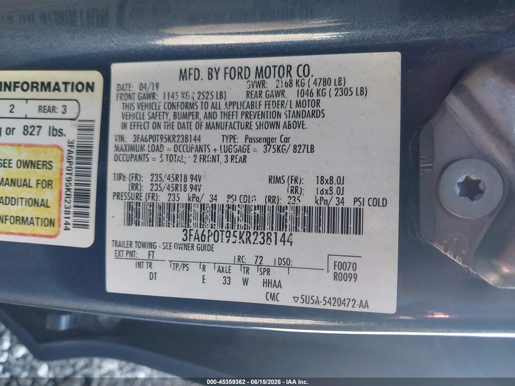 3FA6P0T95KR238144 2019 FORD FUSION photo no. 9