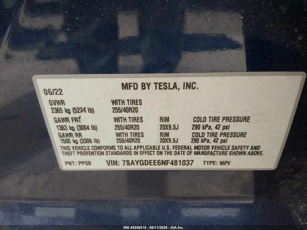 7SAYGDEE6NF481037 2022 TESLA MODEL Y photo no. 9