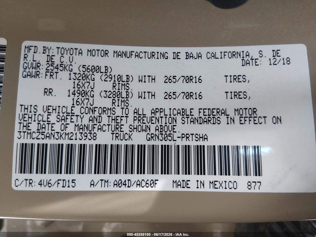 3TMCZ5AN3KM213938 2019 TOYOTA TACOMA photo no. 9