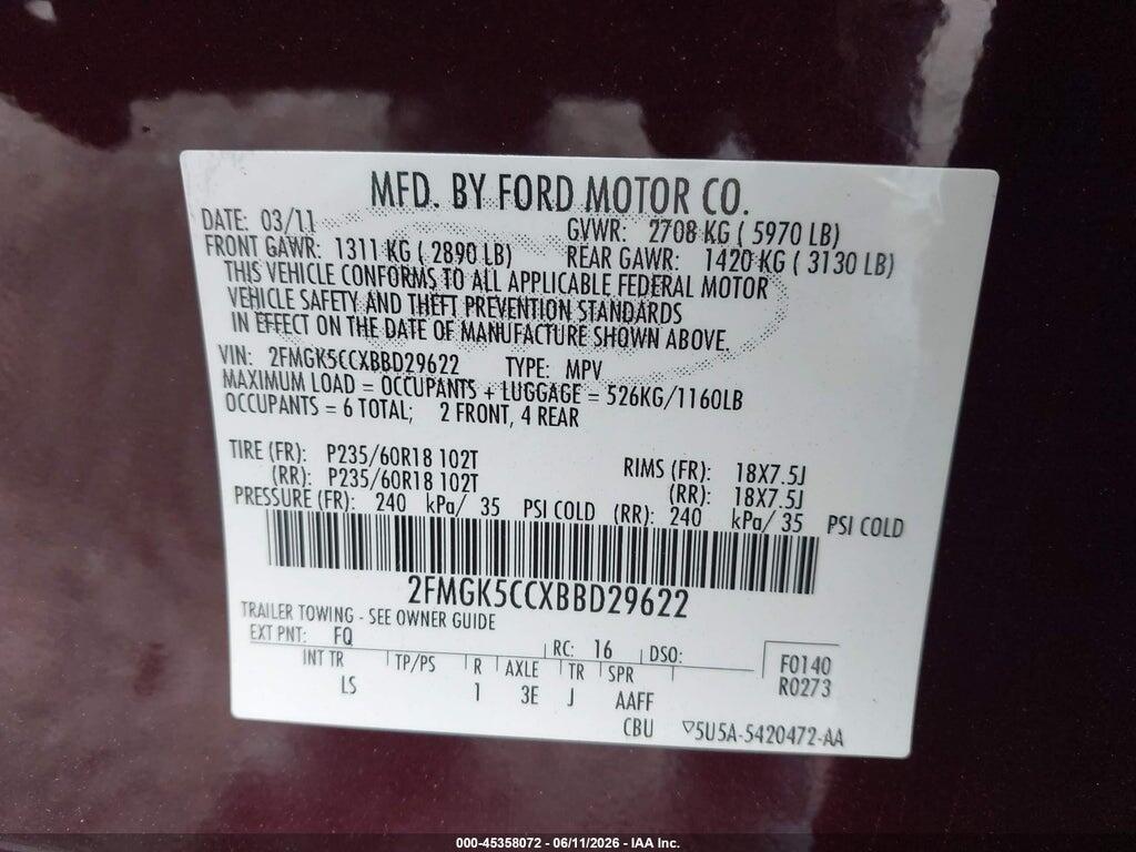 2FMGK5CCXBBD29622 2011 FORD FLEX photo no. 9