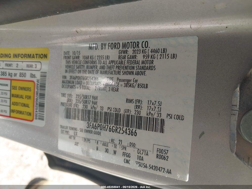 3FA6P0H76GR254366 2016 FORD FUSION photo no. 9