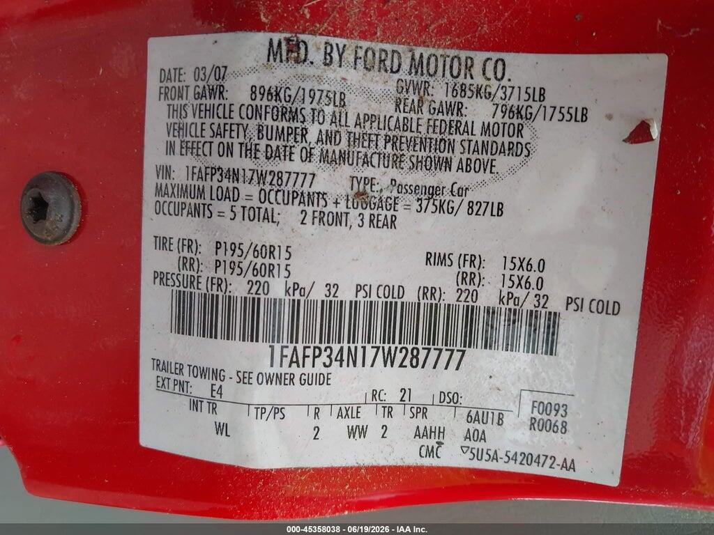 1FAFP34N17W287777 2007 FORD FOCUS photo no. 9