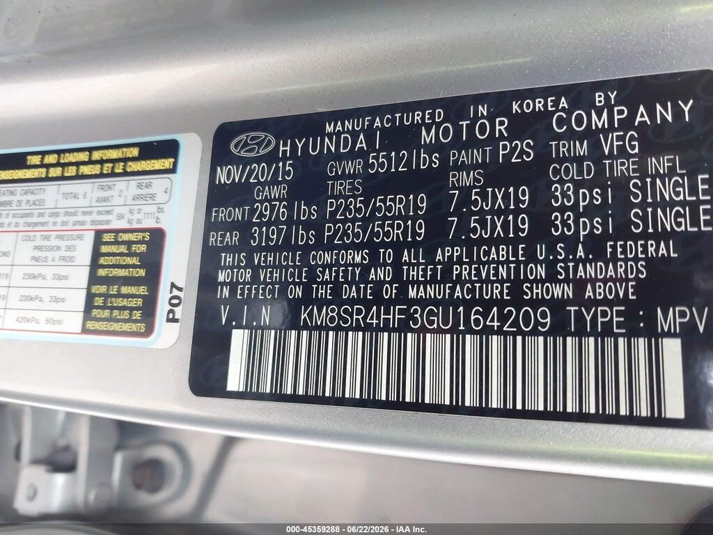 KM8SR4HF3GU164209 2016 HYUNDAI SANTA FE photo no. 9
