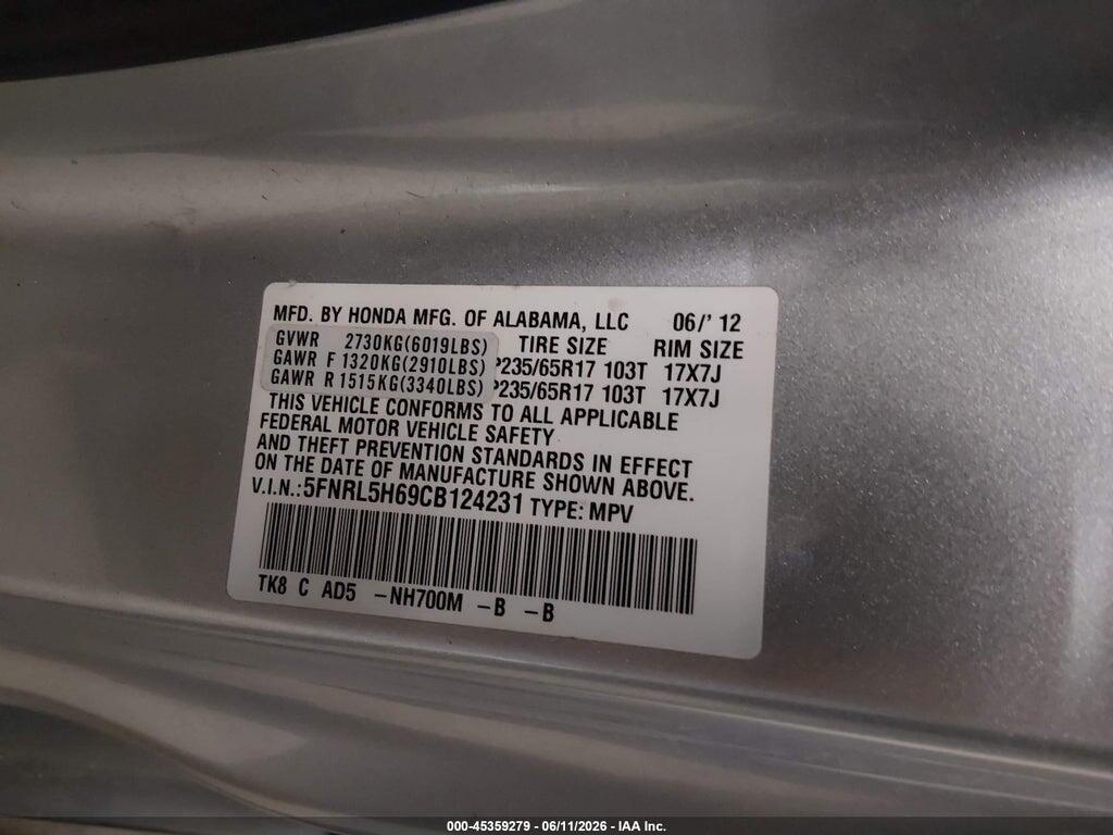 5FNRL5H69CB124231 2012 HONDA ODYSSEY photo no. 9