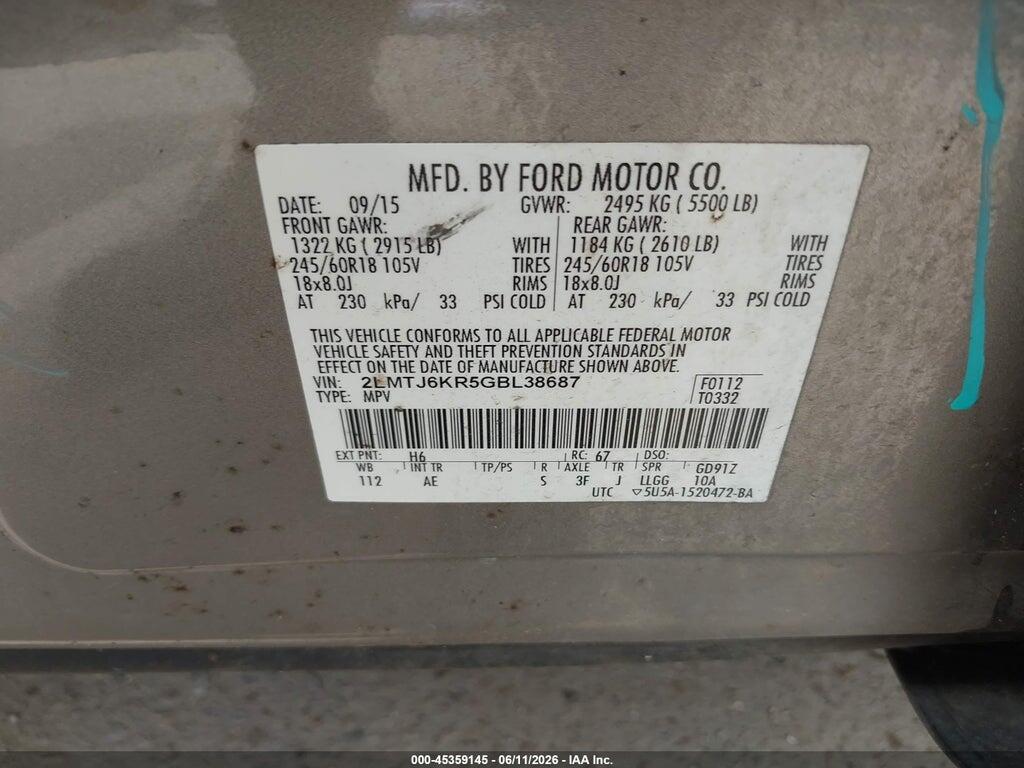 2LMTJ6KR5GBL38687 2016 LINCOLN MKX photo no. 9