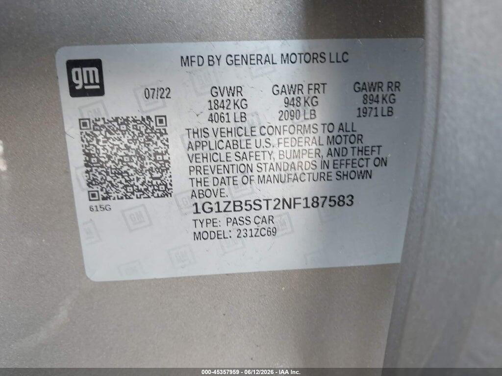 1G1ZB5ST2NF187583 2022 CHEVROLET MALIBU photo no. 9