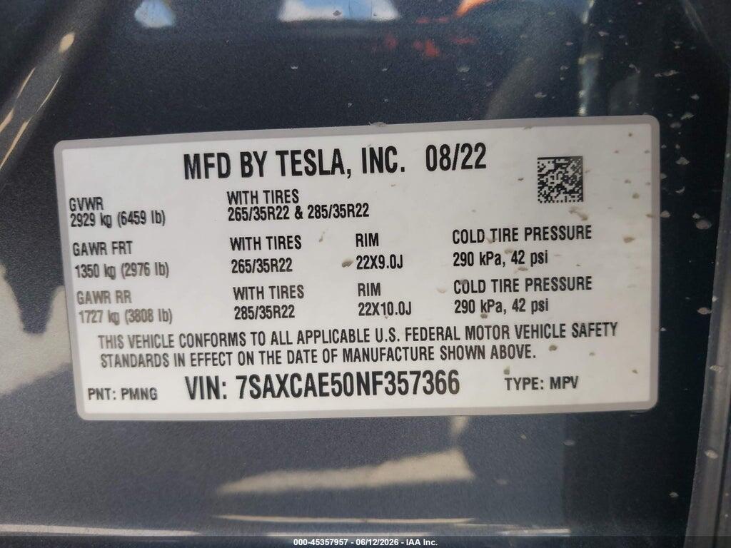 7SAXCAE50NF357366 2022 TESLA MODEL X photo no. 9