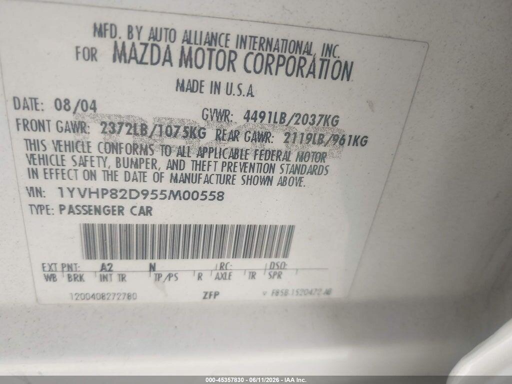 1YVHP82D955M00558 2005 MAZDA MAZDA6 photo no. 9