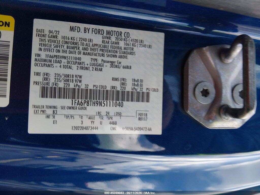 1FA6P8TH9N5111040 2022 FORD MUSTANG photo no. 9