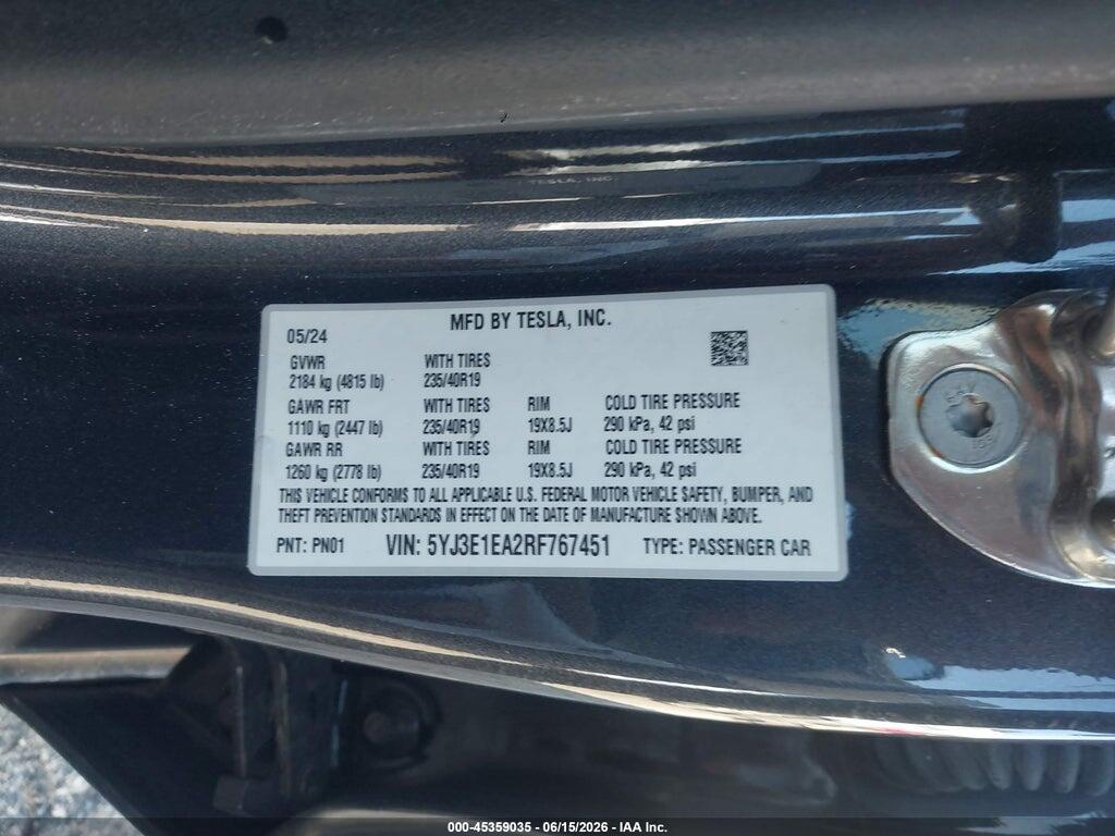 5YJ3E1EA2RF767451 2024 TESLA MODEL 3 photo no. 9