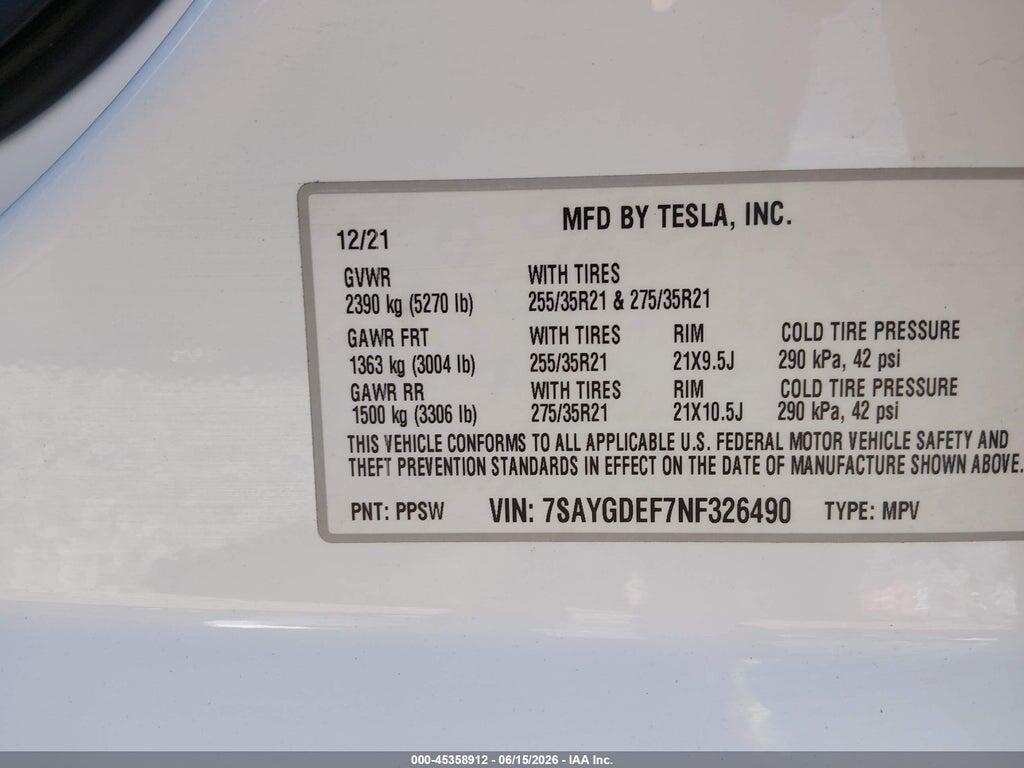 7SAYGDEF7NF326490 2022 TESLA MODEL Y photo no. 9