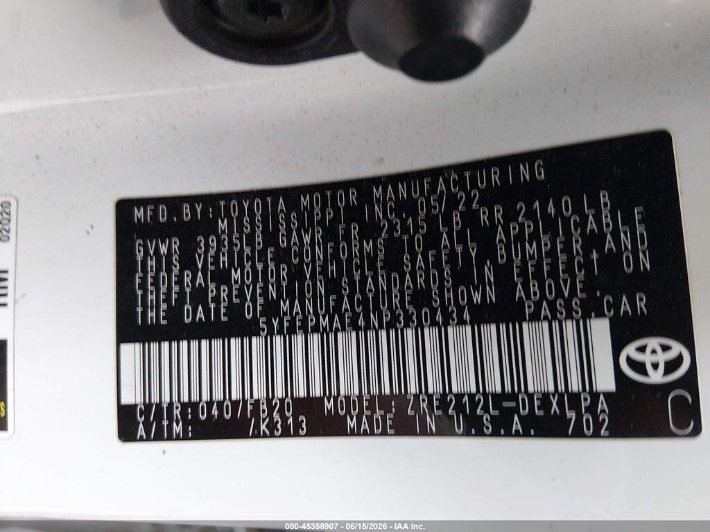 5YFEPMAE4NP330434 2022 TOYOTA COROLLA photo no. 9