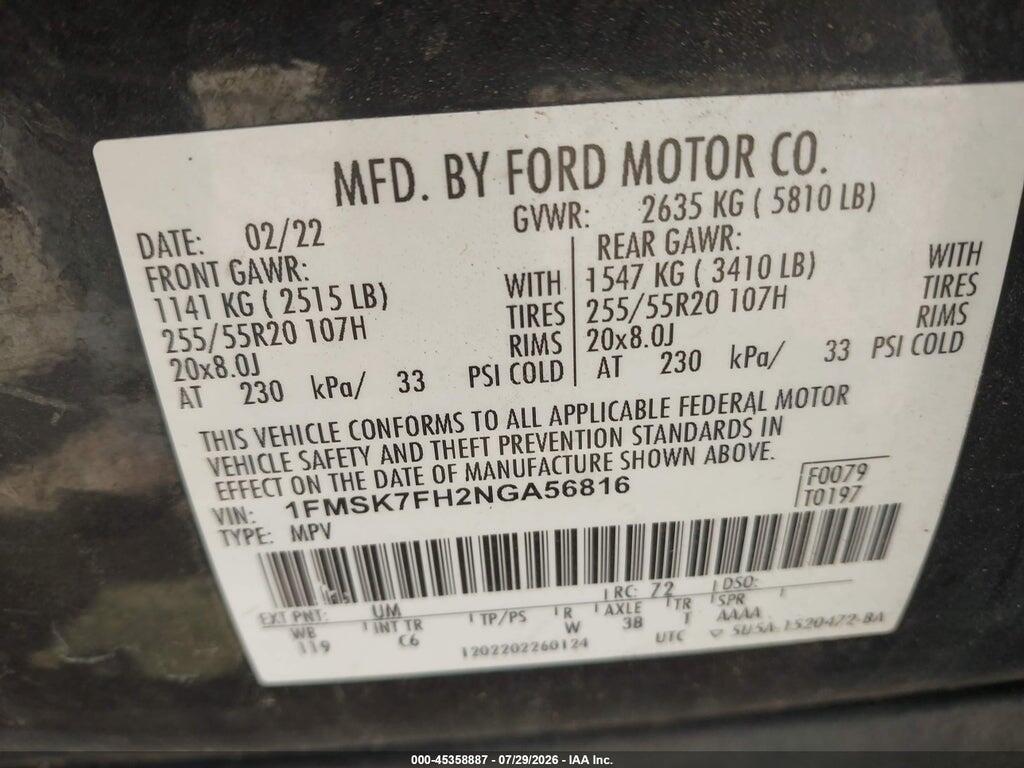 1FMSK7FH2NGA56816 2022 FORD EXPLORER photo no. 9