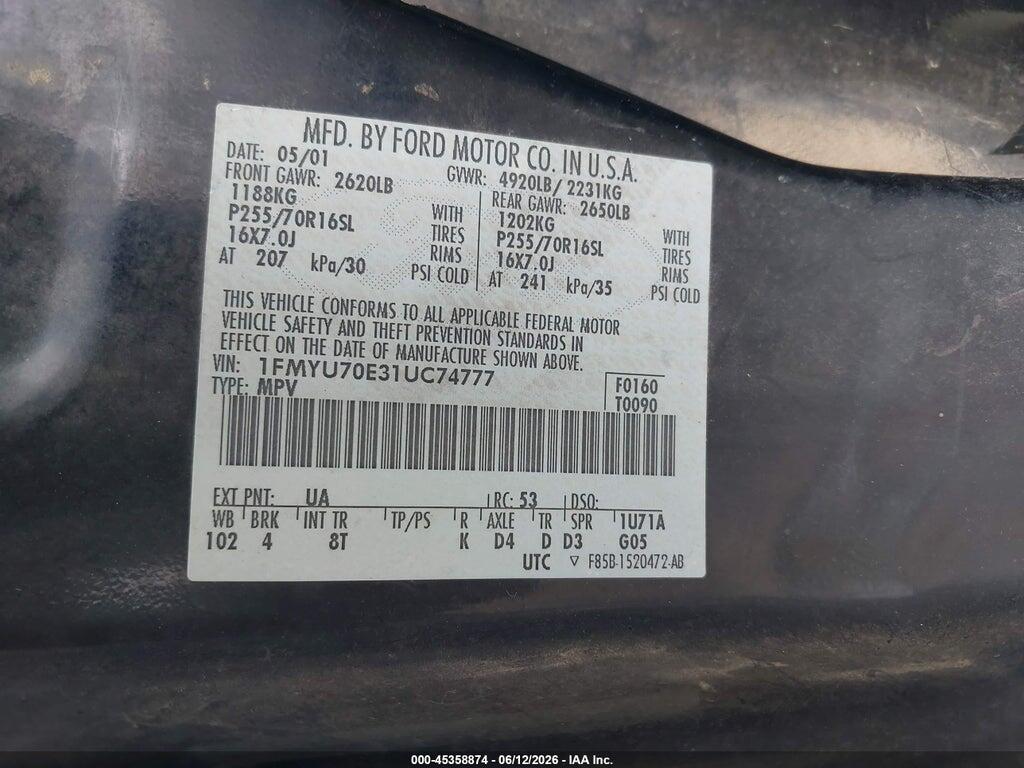 1FMYU70E31UC74777 2001 FORD EXPLORER SPORT photo no. 9