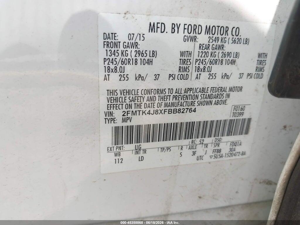 2FMTK4J8XFBB82764 2015 FORD EDGE photo no. 9
