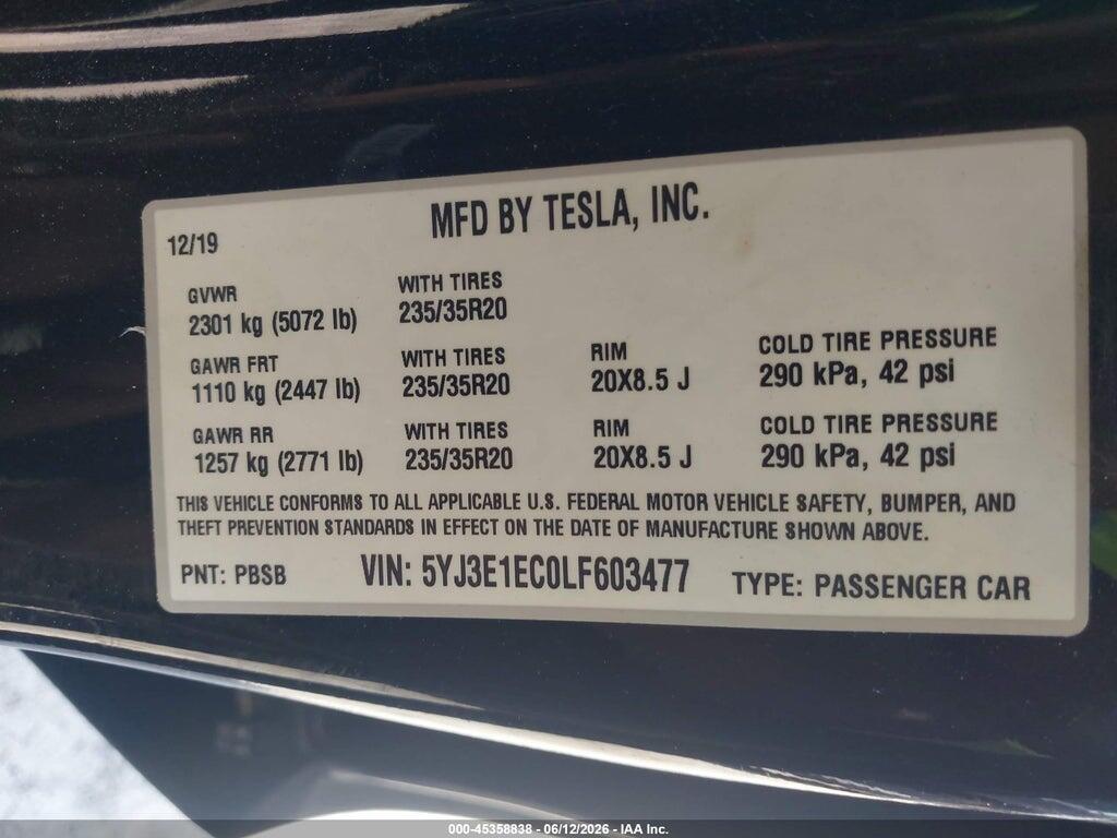 5YJ3E1EC0LF603477 2020 TESLA MODEL 3 photo no. 9