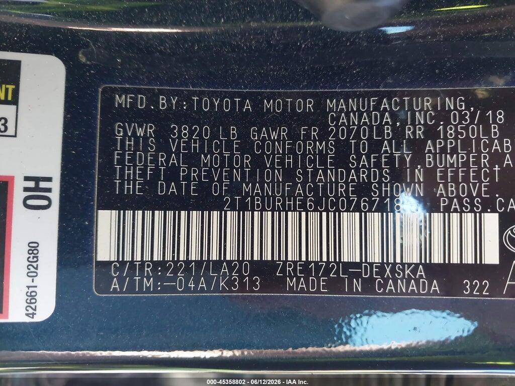 2T1BURHE6JC076718 2018 TOYOTA COROLLA photo no. 9