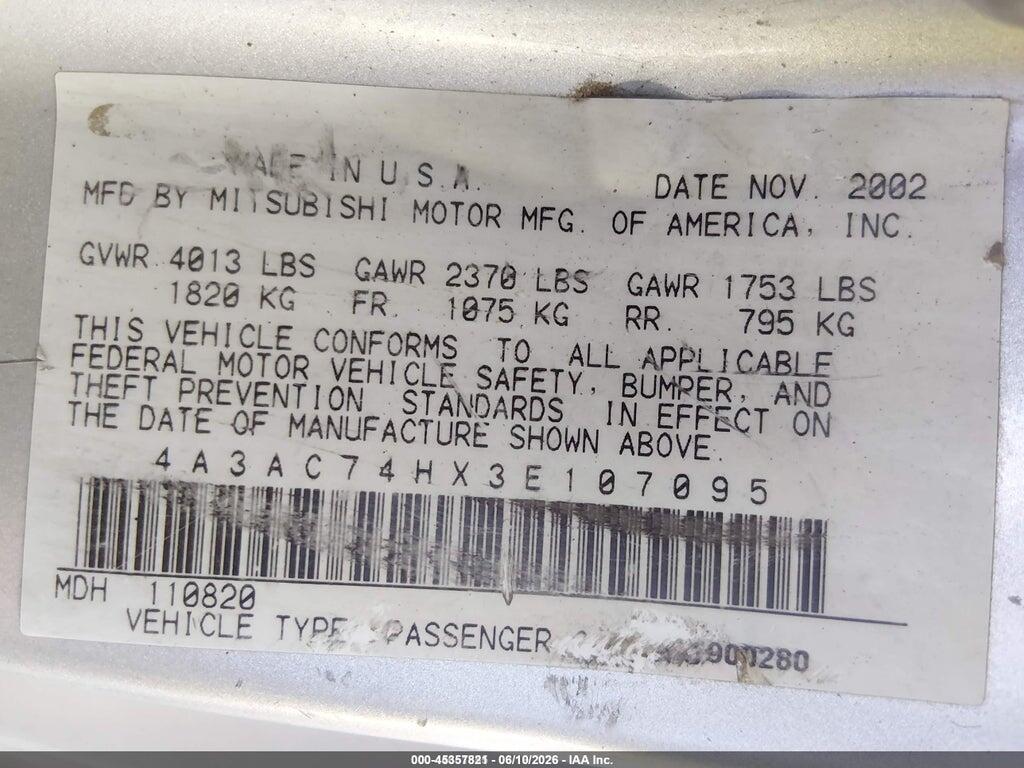 4A3AC74HX3E107095 2003 MITSUBISHI ECLIPSE photo no. 9