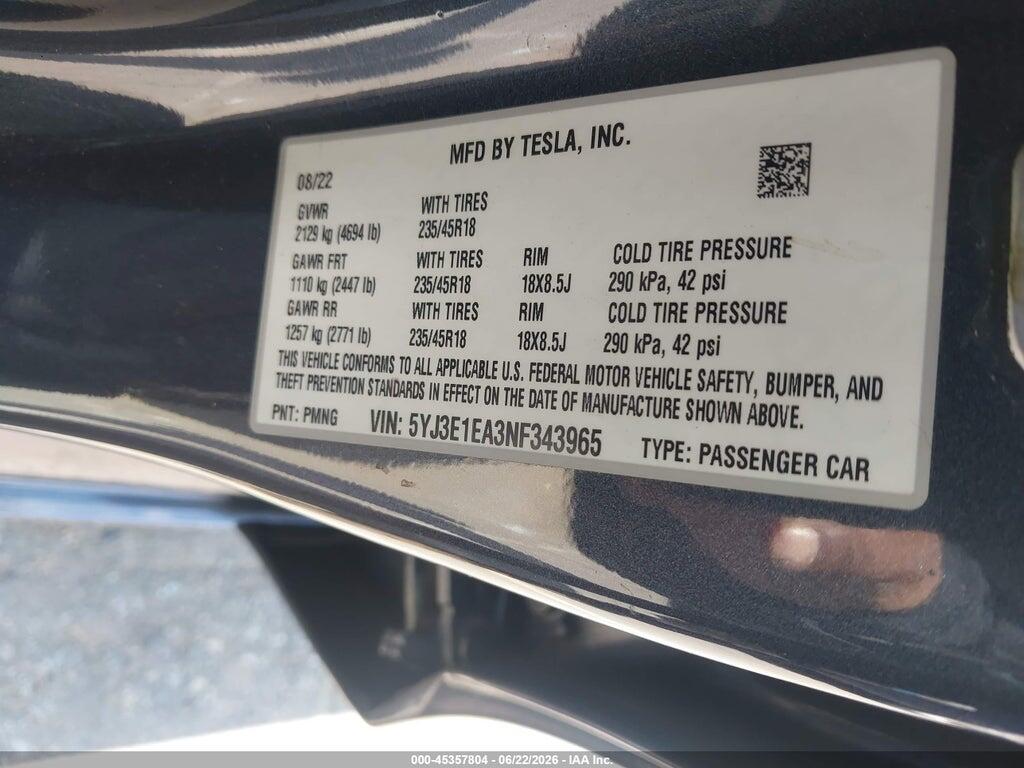 5YJ3E1EA3NF343965 2022 TESLA MODEL 3 photo no. 9