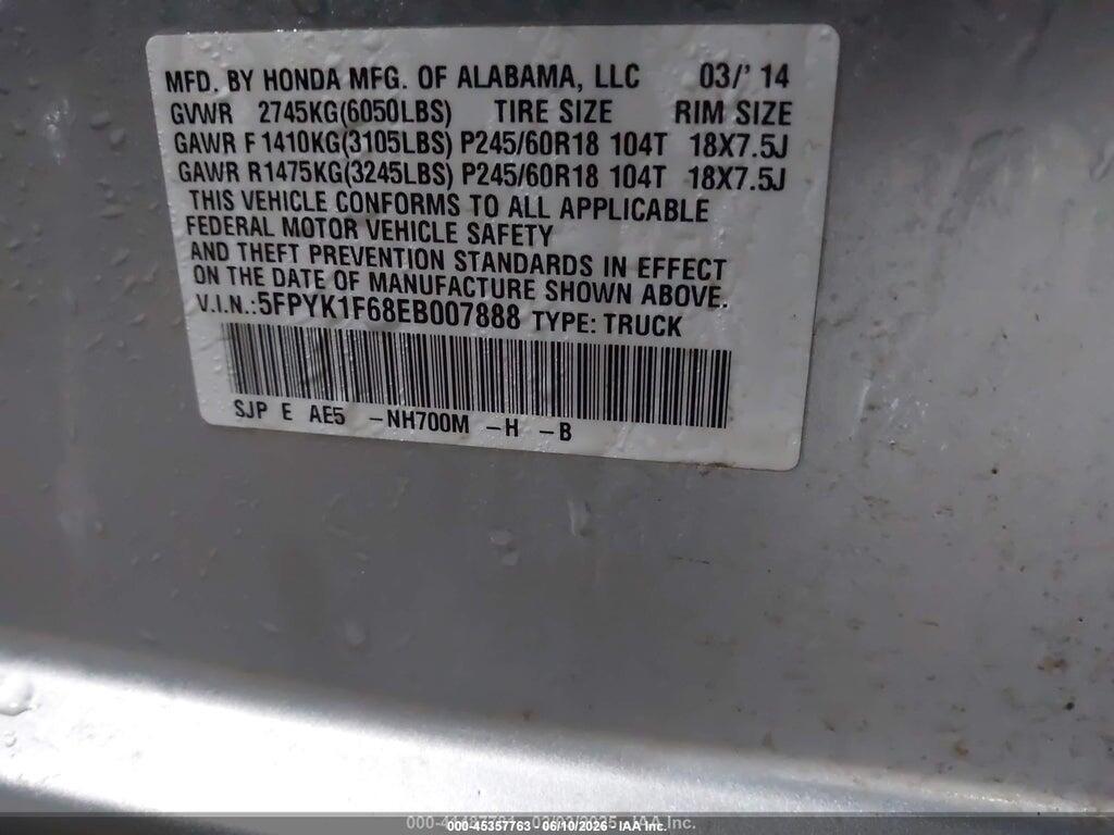 5FPYK1F68EB007888 2014 HONDA RIDGELINE photo no. 9