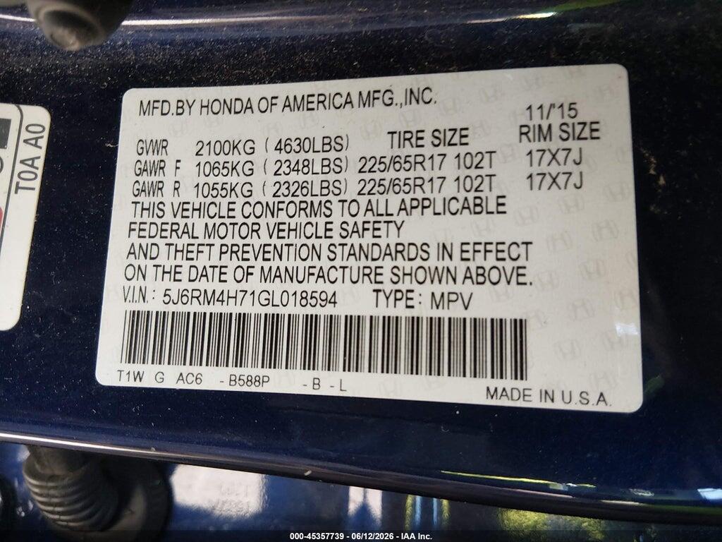 5J6RM4H71GL018594 2016 HONDA CR-V photo no. 9
