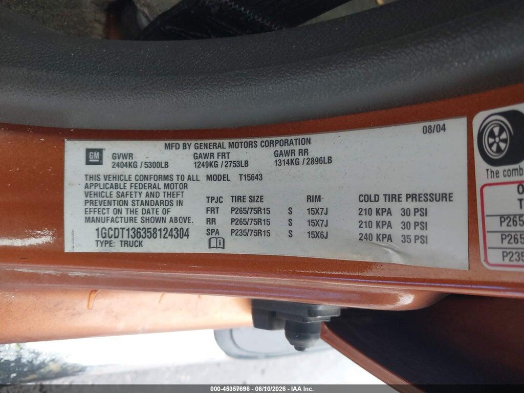 1GCDT136358124304 2005 CHEVROLET COLORADO photo no. 9