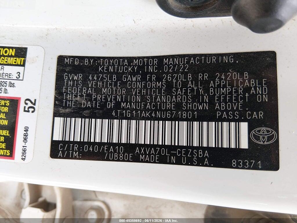 4T1G11AK4NU671801 2022 TOYOTA CAMRY photo no. 9