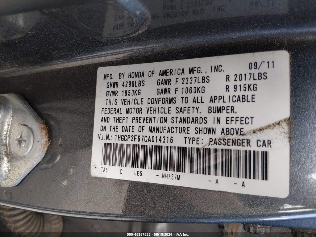 1HGCP2F67CA014316 2012 HONDA ACCORD photo no. 9