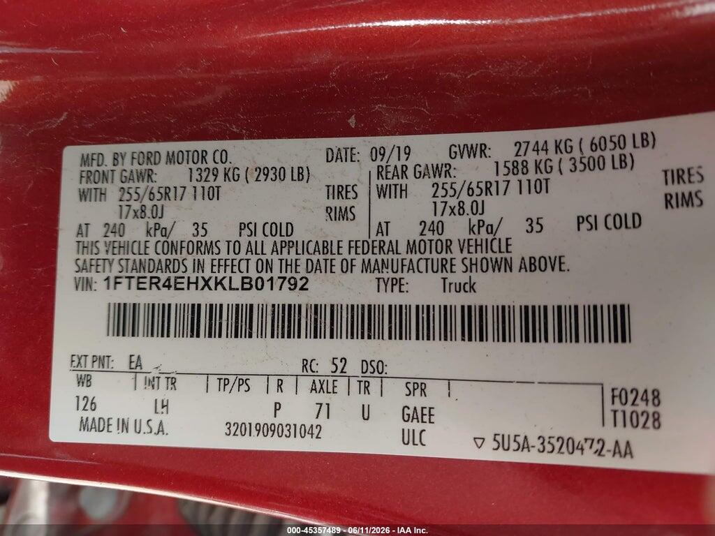 1FTER4EHXKLB01792 2019 FORD RANGER photo no. 9