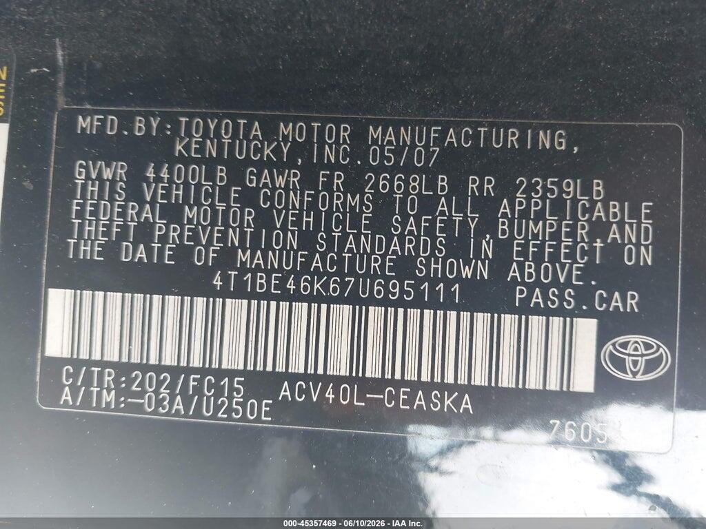 4T1BE46K67U695111 2007 TOYOTA CAMRY photo no. 9