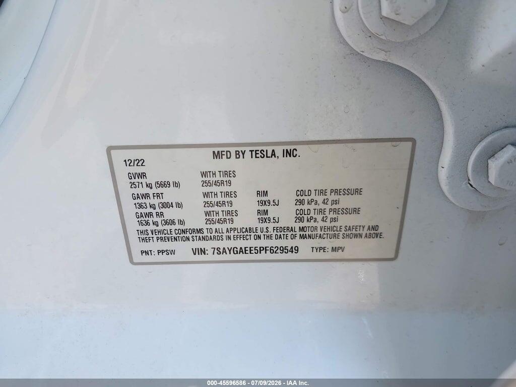 7SAYGAEE5PF629549 2023 TESLA MODEL Y photo no. 9