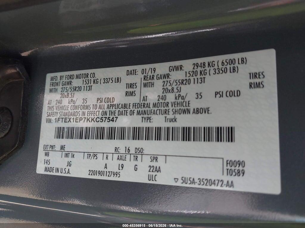 1FTEX1EP7KKC57547 2019 FORD F-150 photo no. 9