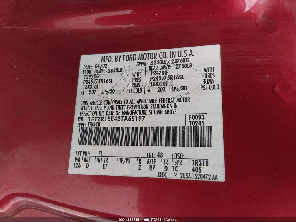 1FTZR15E42TA65197 2002 FORD RANGER photo no. 9