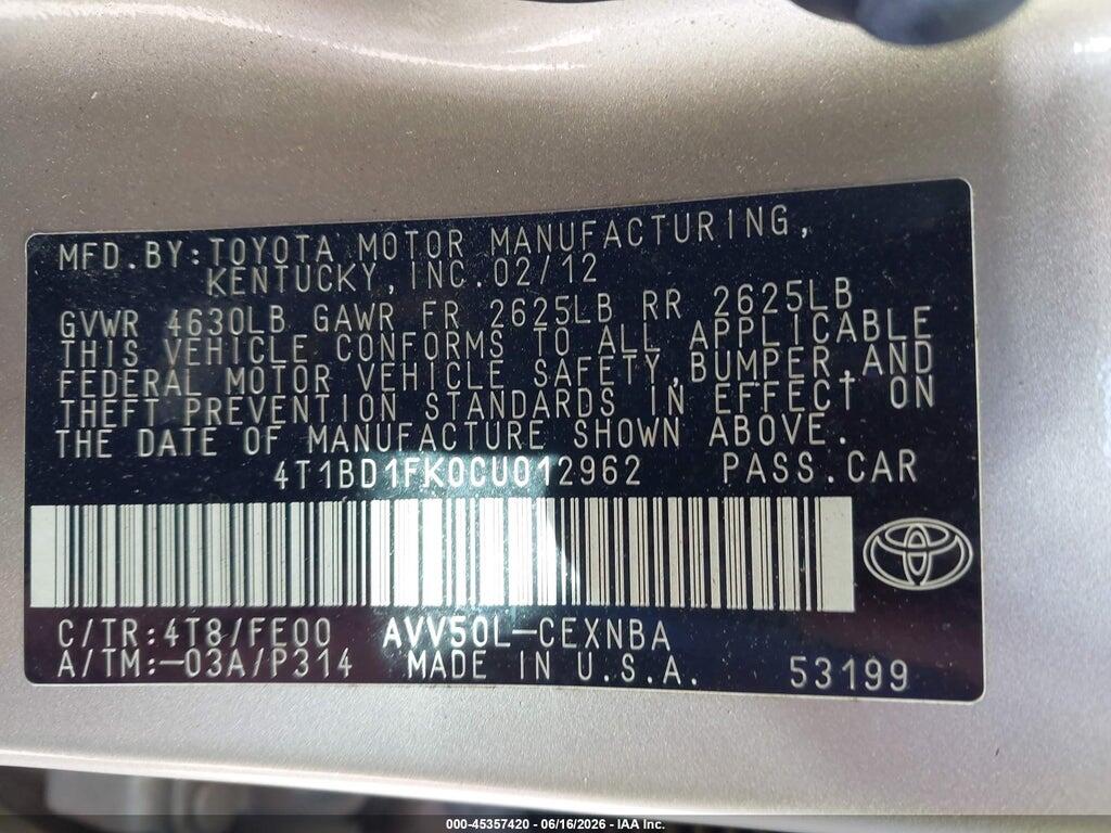 4T1BD1FK0CU012962 2012 TOYOTA CAMRY HYBRID photo no. 9