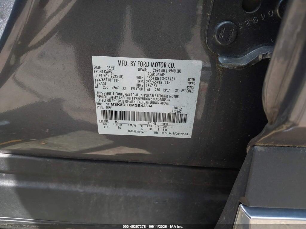 1FMSK8DHXMGB42334 2021 FORD EXPLORER photo no. 9