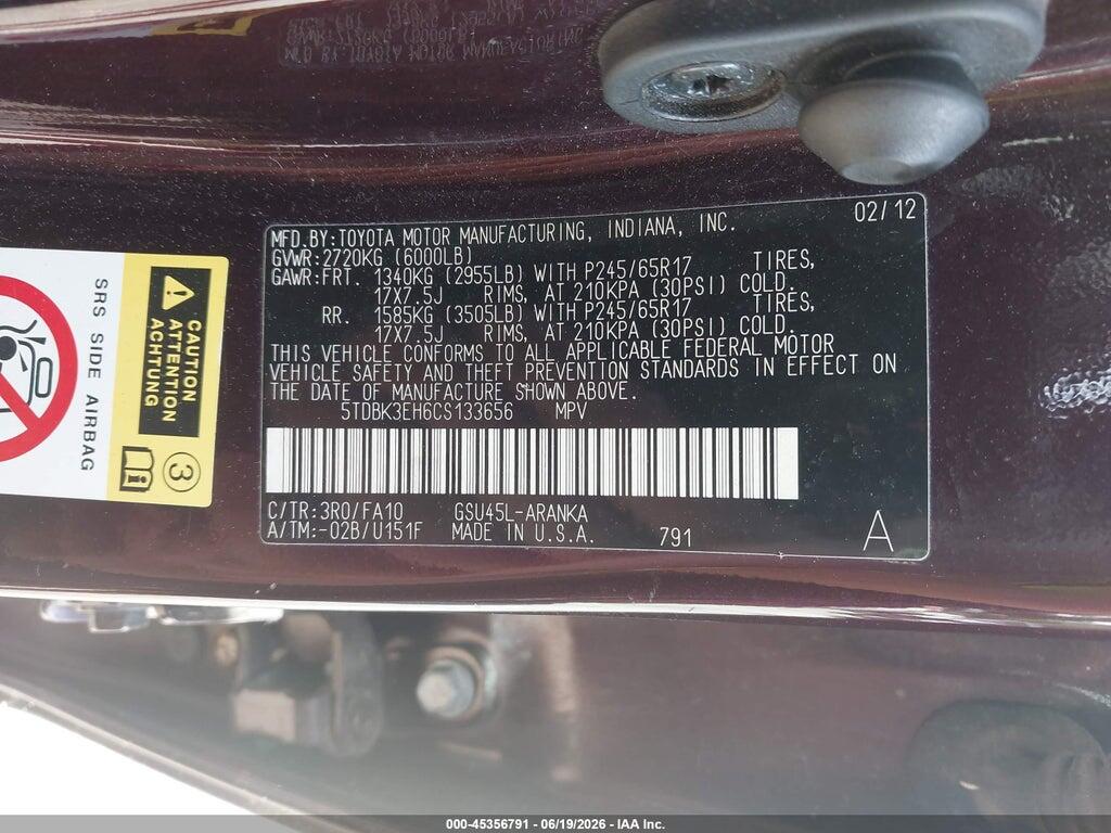 5TDBK3EH6CS133656 2012 TOYOTA HIGHLANDER photo no. 8