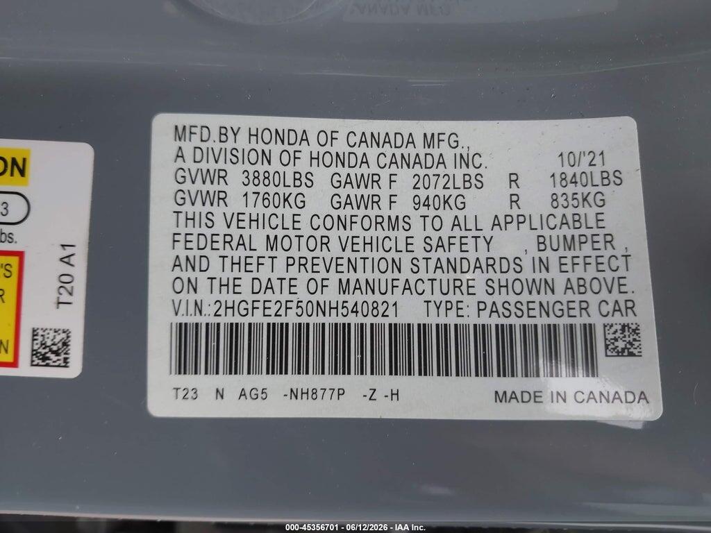 2HGFE2F50NH540821 2022 HONDA CIVIC photo no. 9