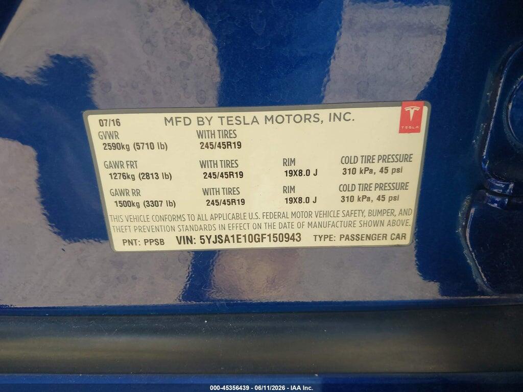 5YJSA1E10GF150943 2016 TESLA MODEL S photo no. 9