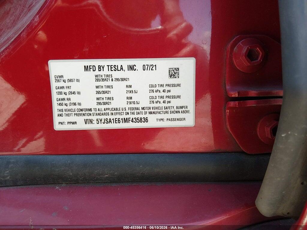 5YJSA1E61MF435836 2021 TESLA MODEL S photo no. 9
