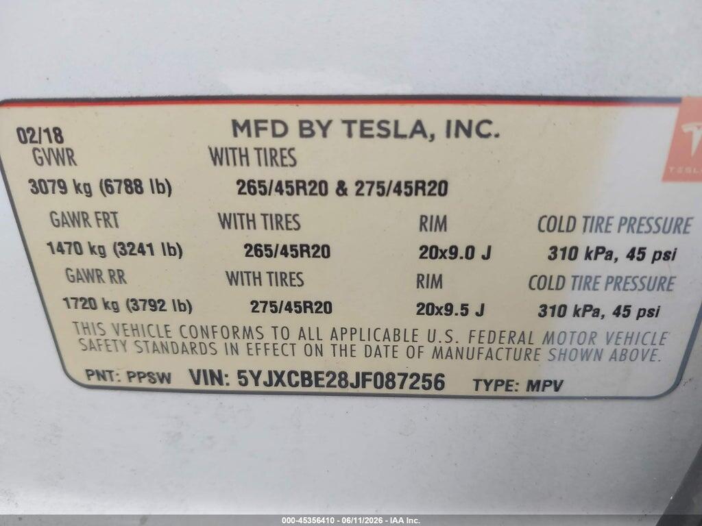 5YJXCBE28JF087256 2018 TESLA MODEL X photo no. 9