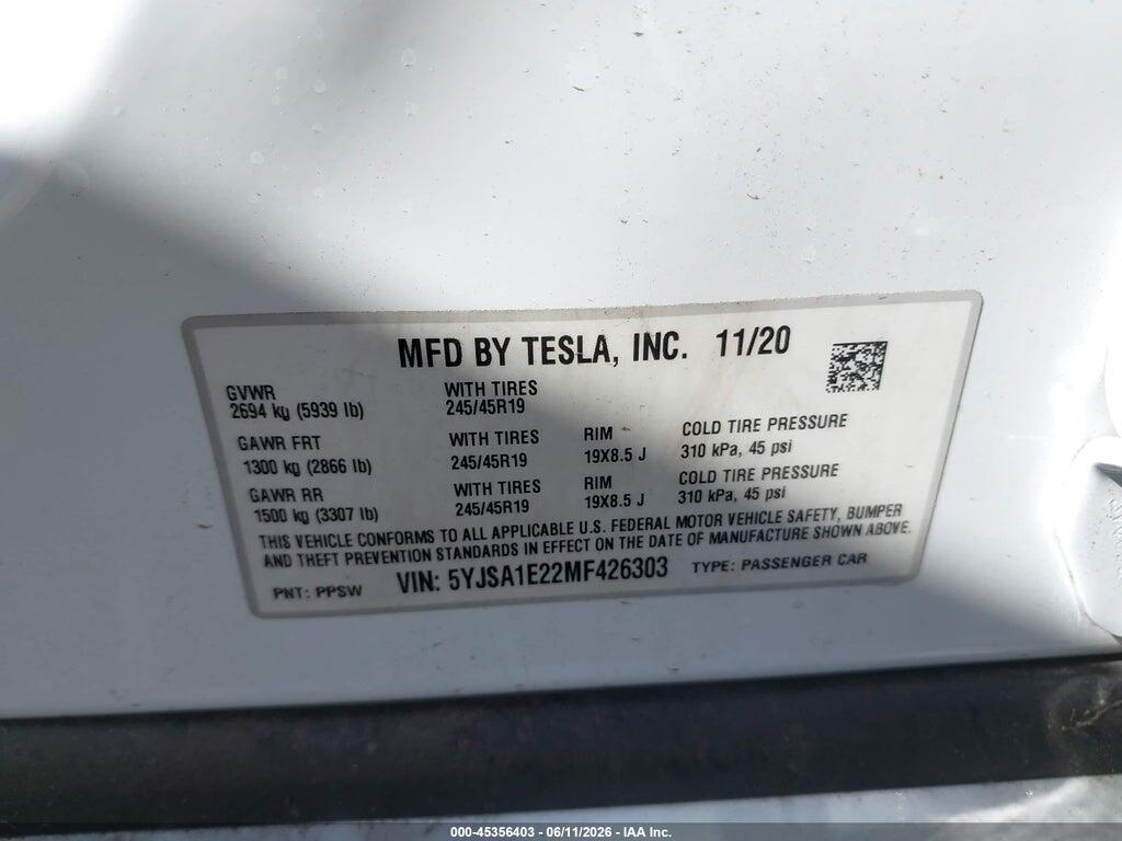 5YJSA1E22MF426303 2021 TESLA MODEL S photo no. 9