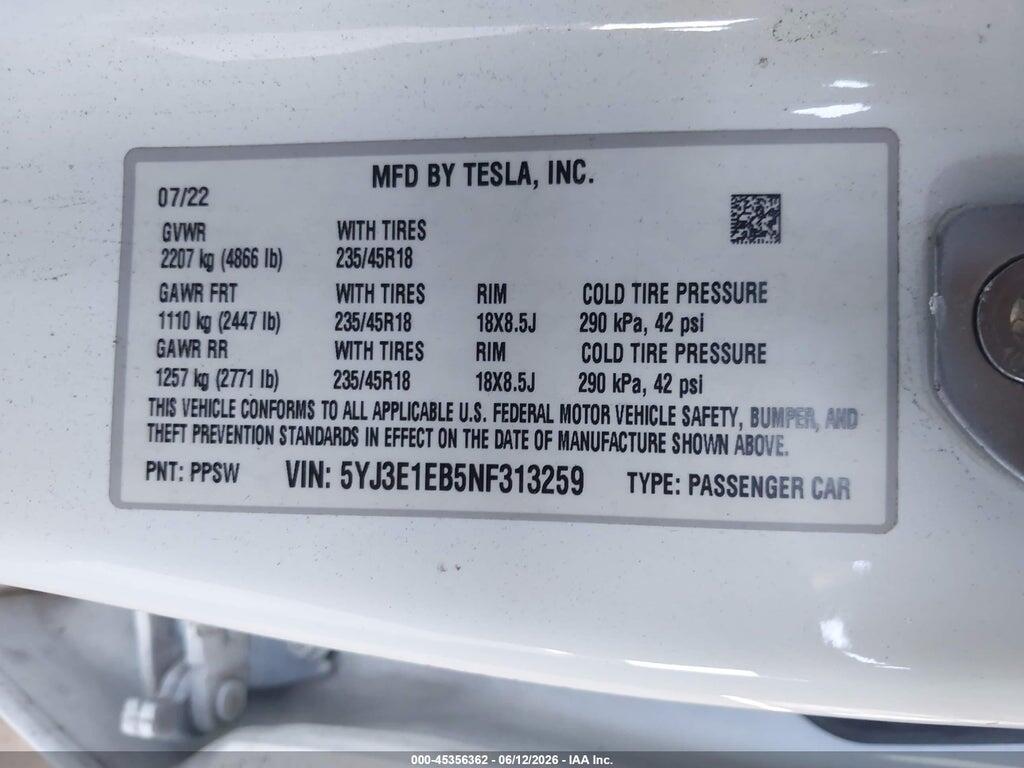 5YJ3E1EB5NF313259 2022 TESLA MODEL 3 photo no. 9