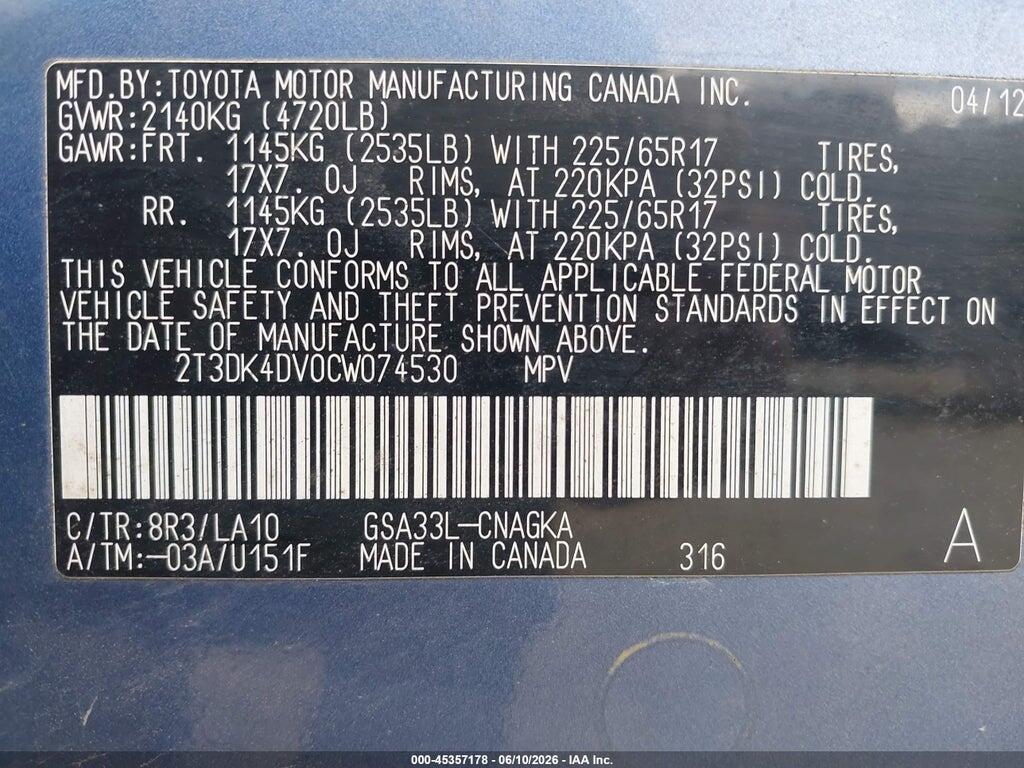 2T3DK4DV0CW074530 2012 TOYOTA RAV4 photo no. 9