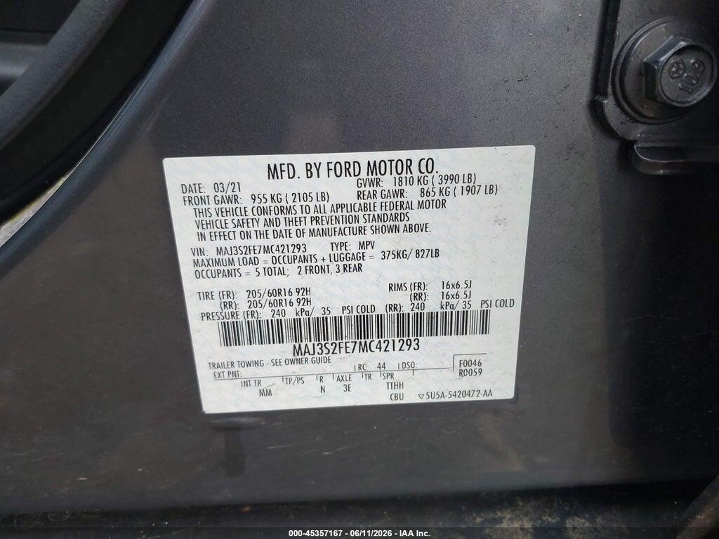 MAJ3S2FE7MC421293 2021 FORD ECOSPORT photo no. 9