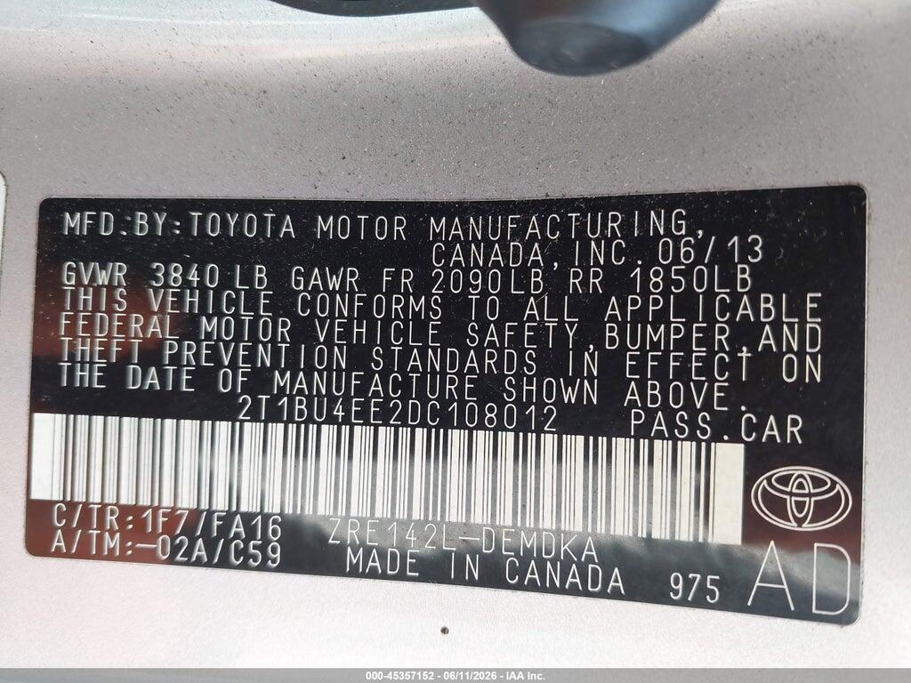2T1BU4EE2DC108012 2013 TOYOTA COROLLA photo no. 9